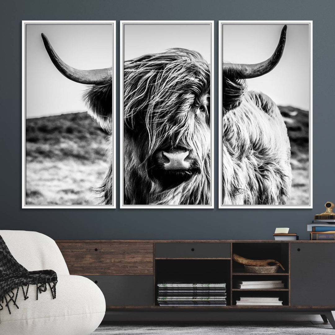 A Black and White Scottish Cow Canvas Print adorns the kitchen wall, perfect for farmhouse decor.