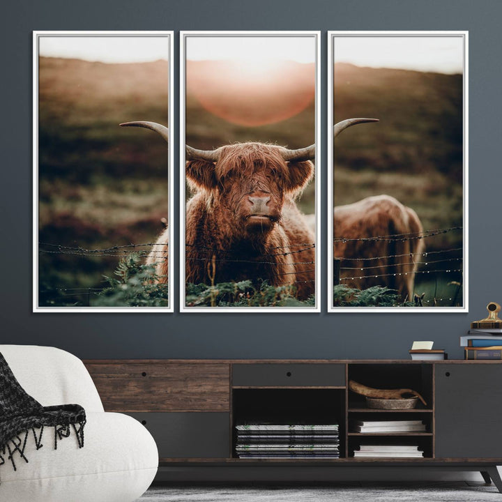 A Highland Cow Animal Canvas Wall Art, featuring a grassy field, is displayed on the wall.