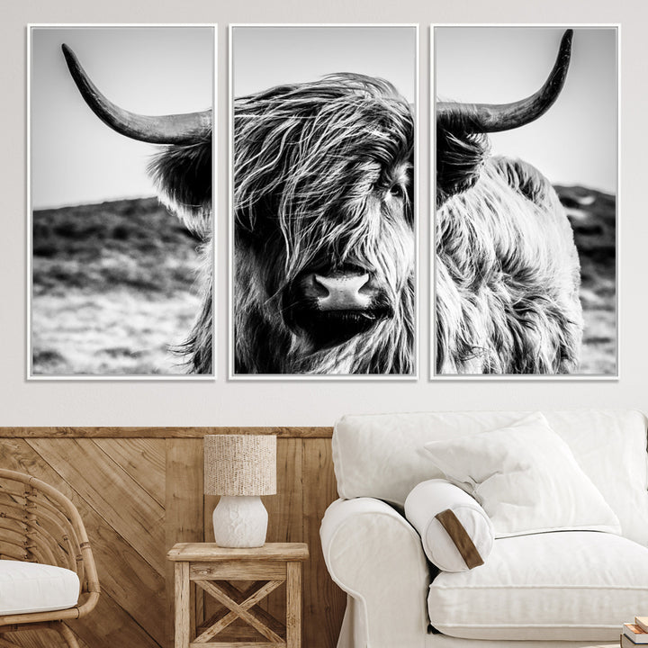 Highland Cow Wall Art | 3-Panel Black and White Highland Cow Canvas Print for Western Farmhouse Decor