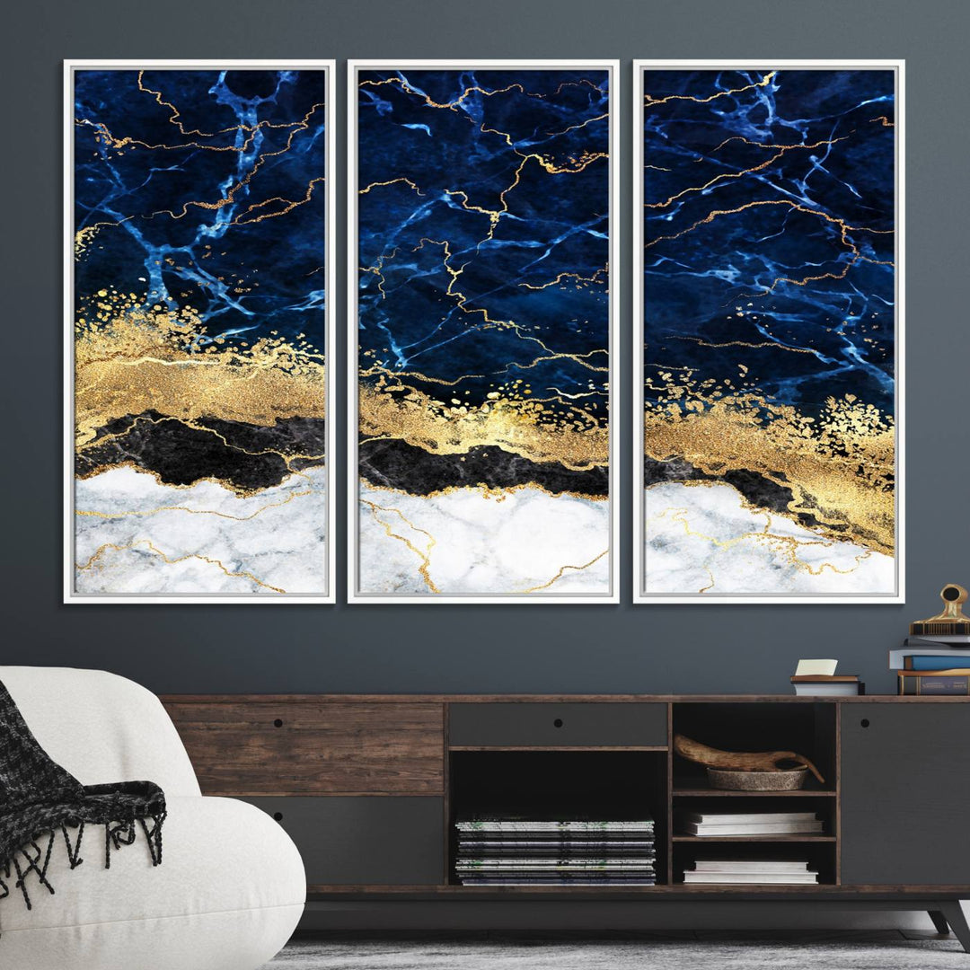 Navy Blue Marble Fluid Effect Canvas Wall Art, featuring a gold and white abstract design, adds a finishing touch to your modern kitchen decor.