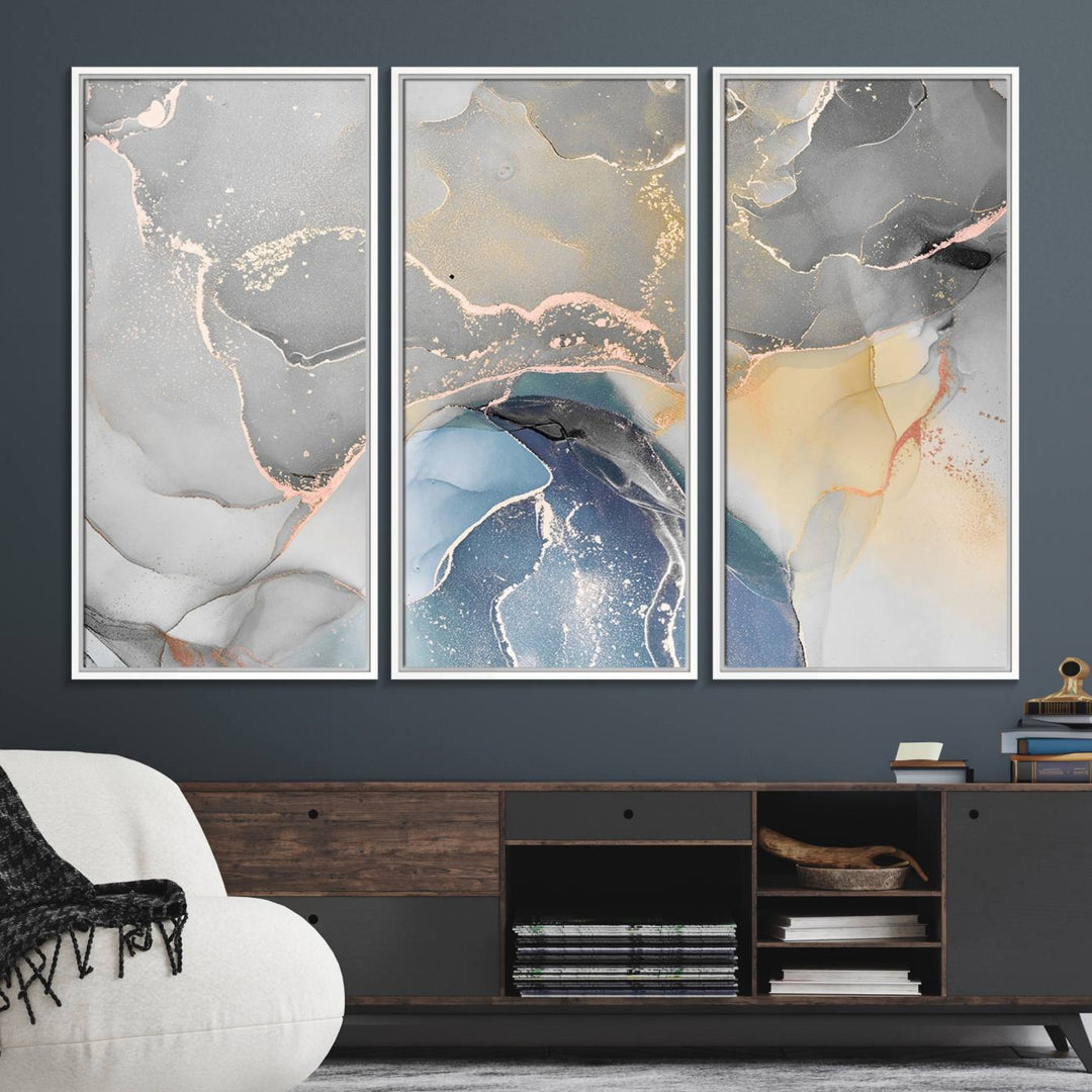 Gray Marble Fluid Effect Abstract Canvas with swirls of gray, gold, and blue.