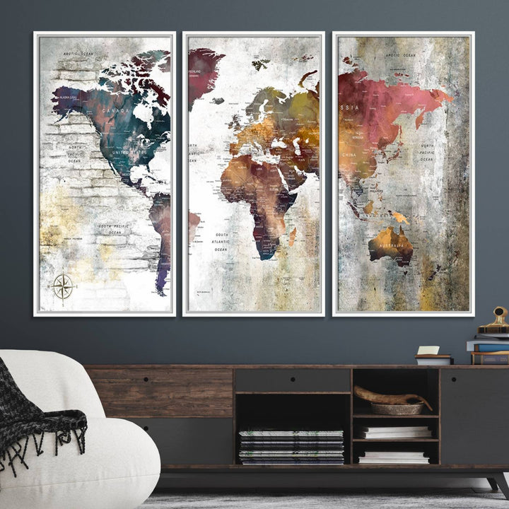 The World Map Wall Art Triptych: a 3-panel canvas featuring a vintage map.