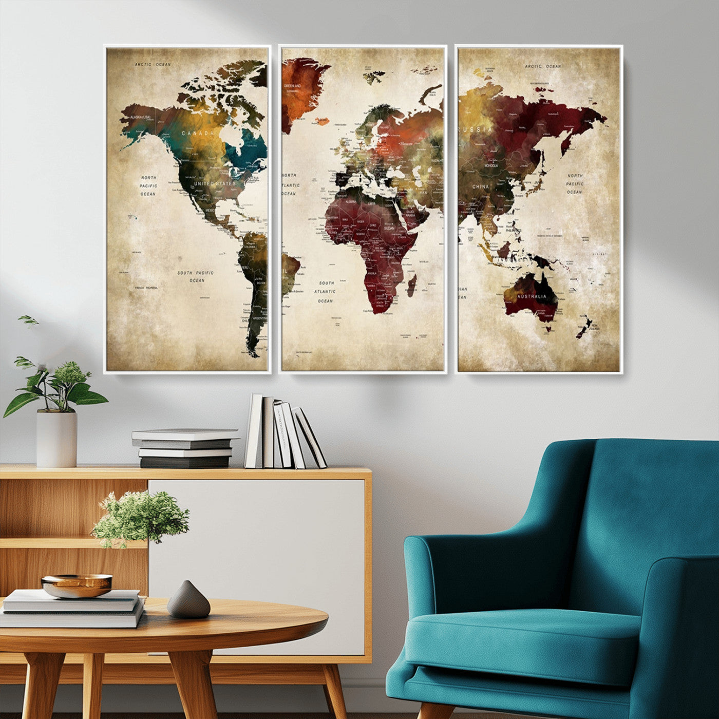 MGV-FC-48X32-3P - Large World Map Wall Art Canvas Print, Framed Push Pin Map Art Picture Print, Abstract Traveller Map Perfect Modern Decor Artwork