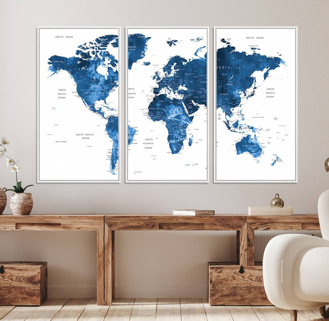 Navy Blue Wall Art World Map Canvas Print, an ideal piece for anyone seeking unique home or office decor.