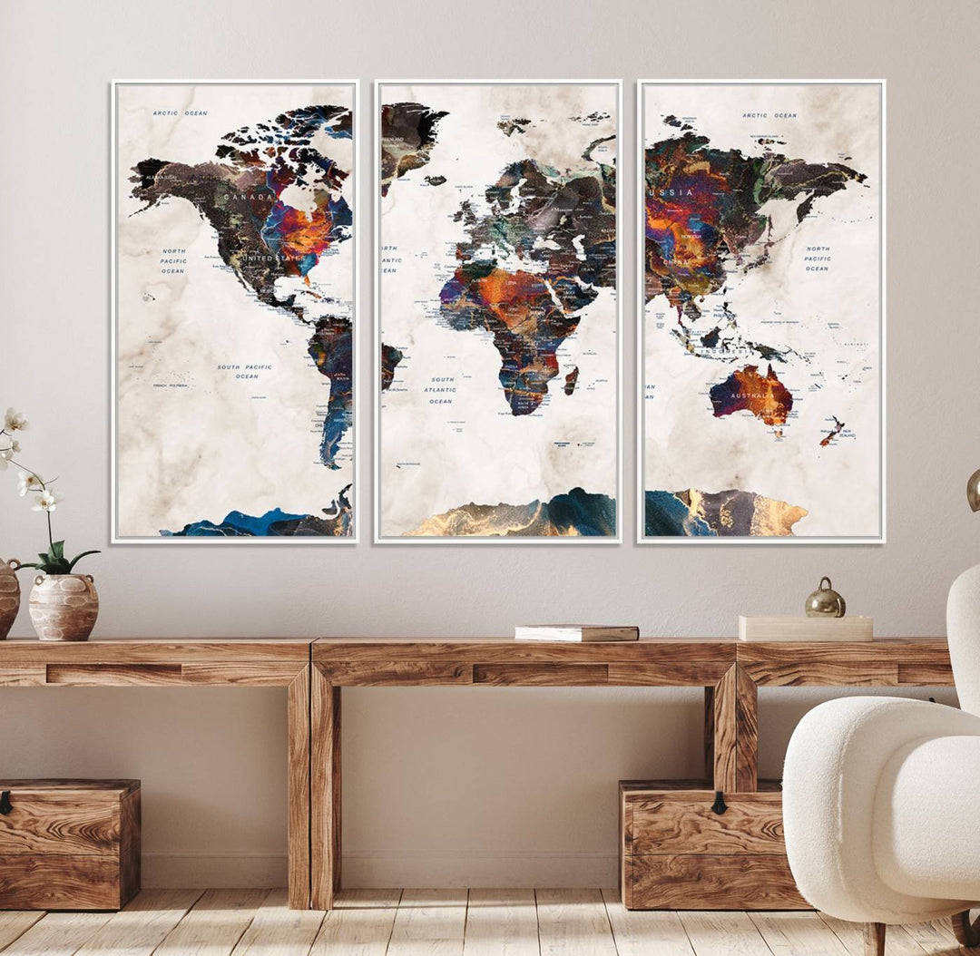 Watercolor World Map Canvas Print in earthy hues with a grunge background, ideal for wall decor.