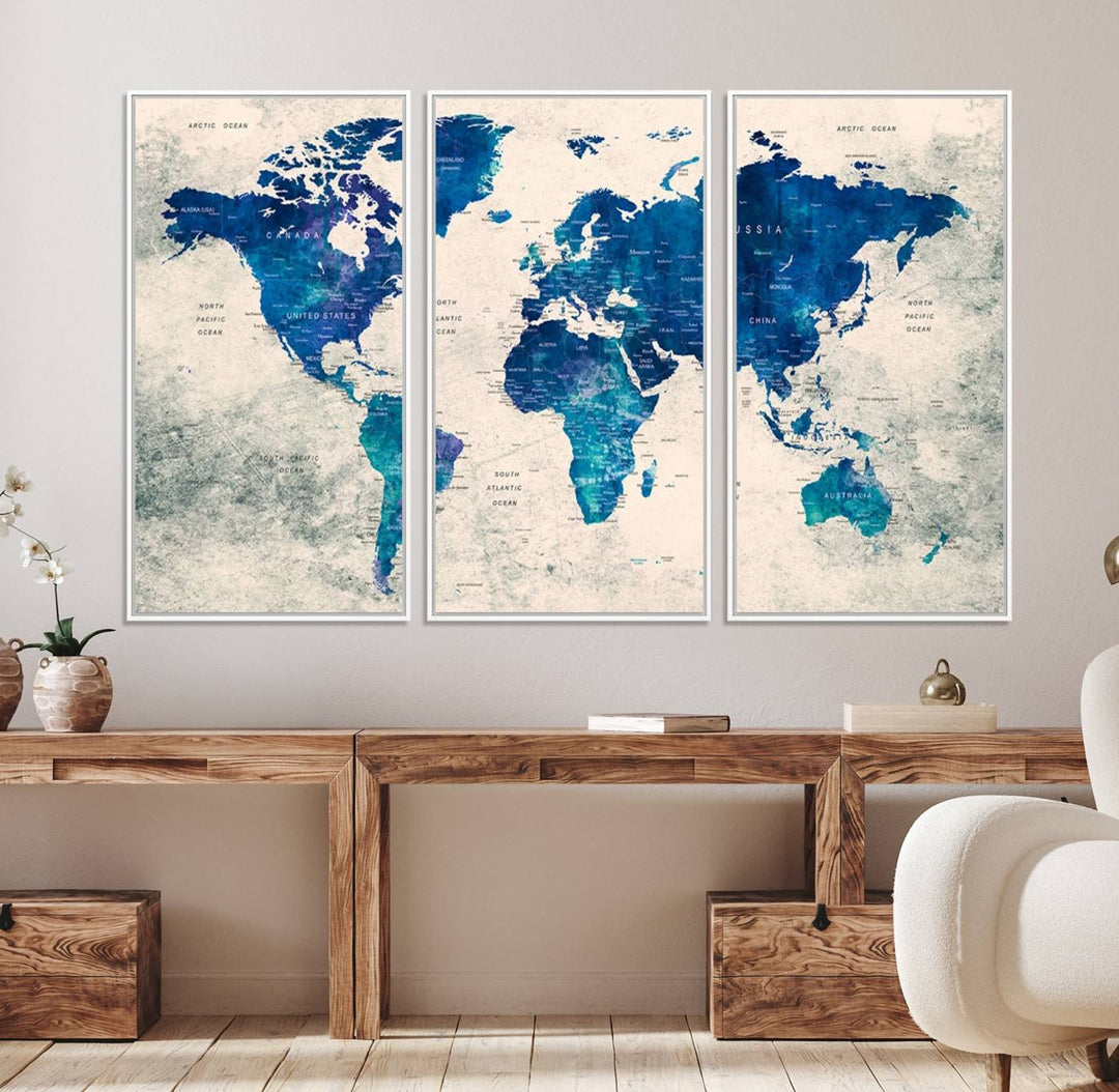 Navy Blue Push Pin World Map Canvas Print featuring a grunge-stained background, with labeled countries and oceans.