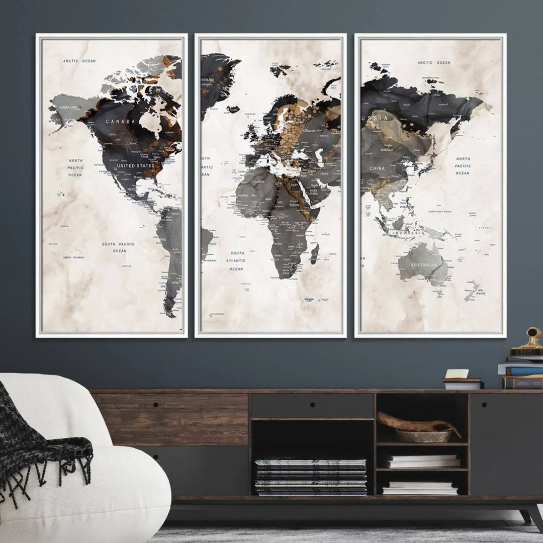 The dining room wall is adorned with the World Map Canvas Print – Earthy Triptych Wall Art, a vintage global map decor featuring dark continents.