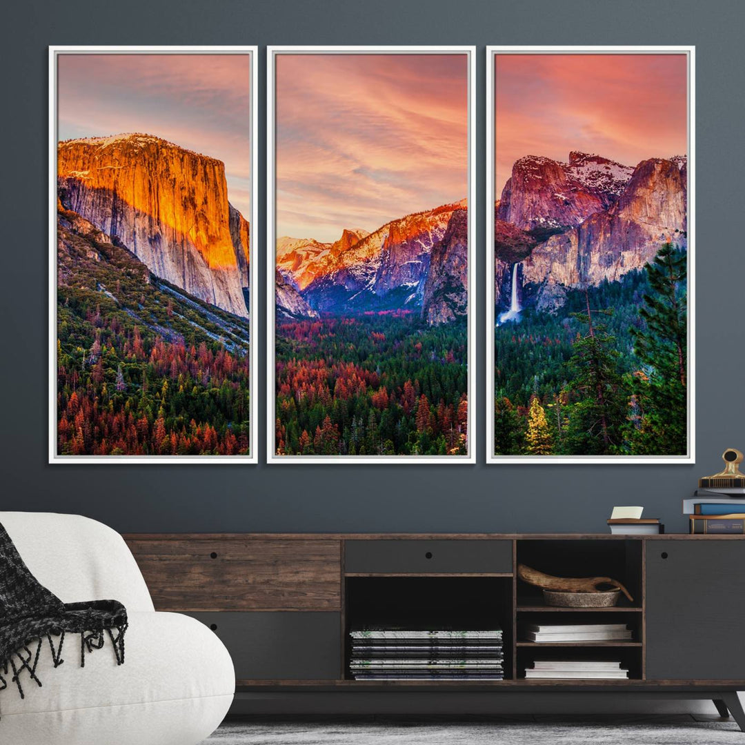 An El Capitan Yosemite Canvas showcasing a sunset over a mountain valley.