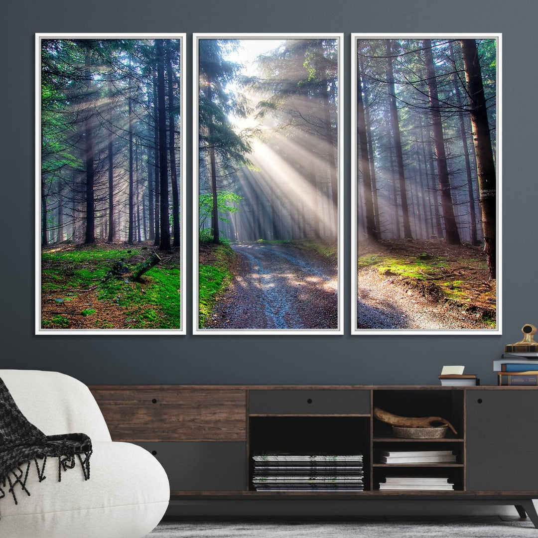 The dining area features a 3-panel Forest Path Canvas showcasing sun rays filtering through a misty forest.