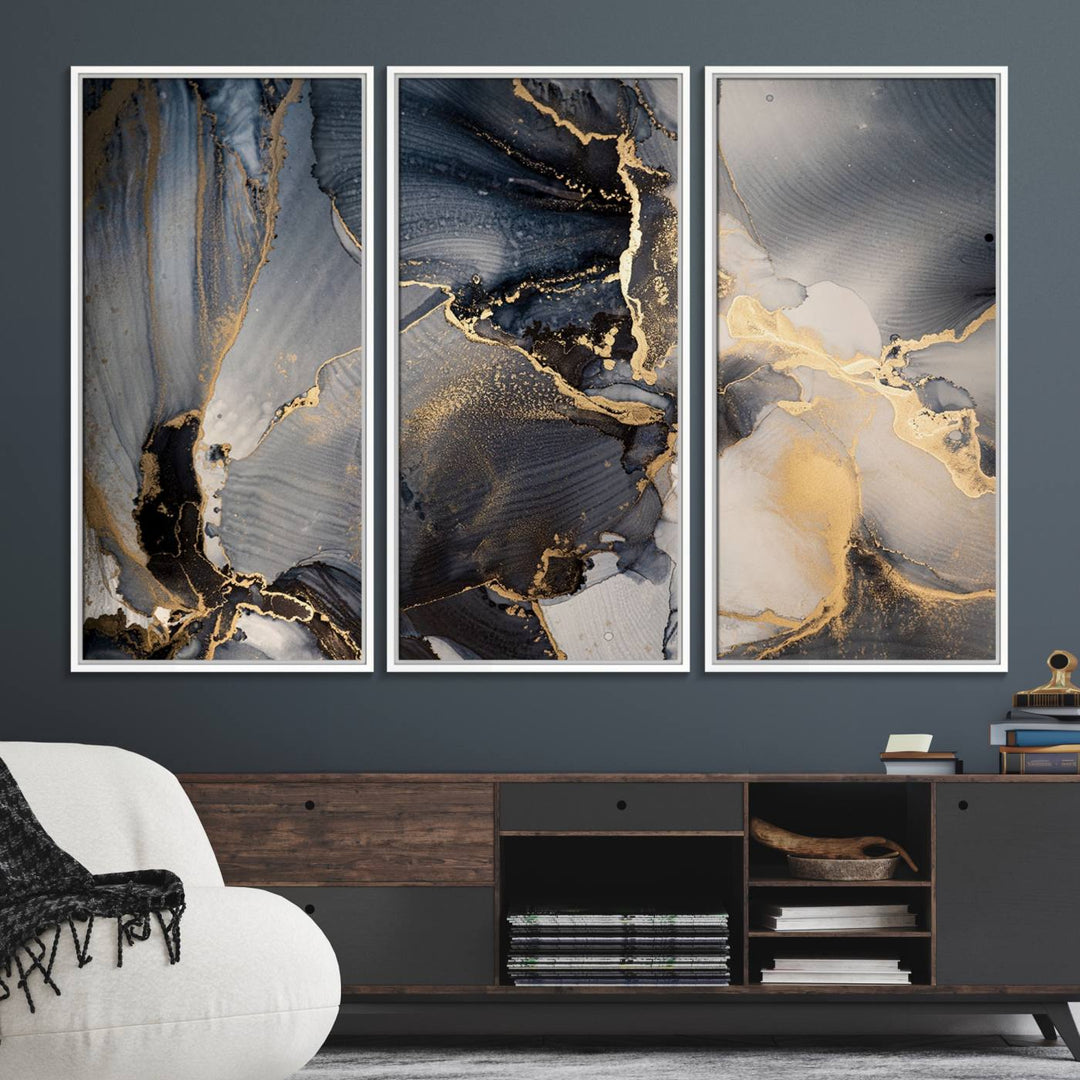 A Modern Marble Fluid Effect Abstract Wall Art with black, white, and gold swirls hangs in a modern kitchen.