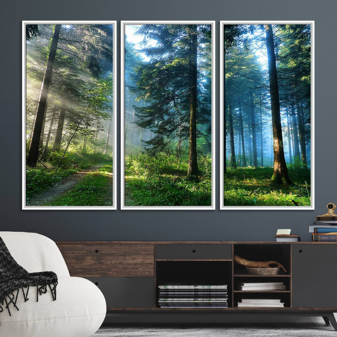 Enhancing the space is the Forest Sun Shine wall art canvas print, showcasing a serene forest scene.