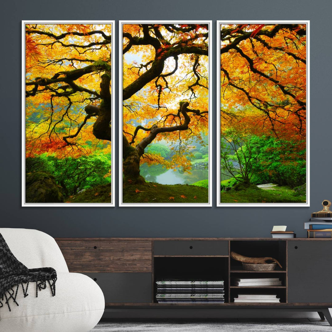 The Portland Japanese Maple Tree Canvas adds elegance to a modern living room.