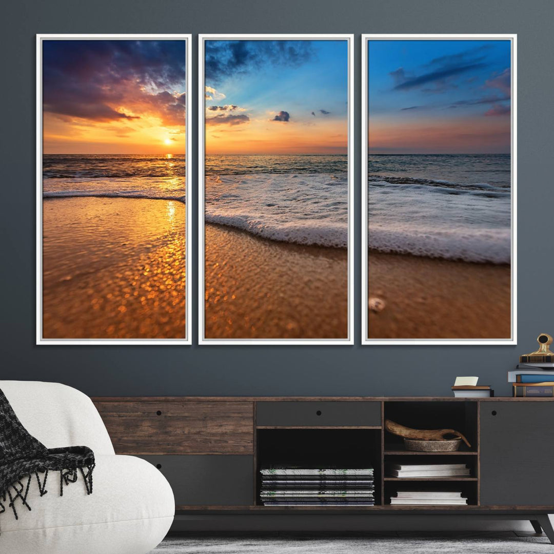 The Golden Sunset Beach Waves Triptych adds a modern coastal touch with its stunning seascape.