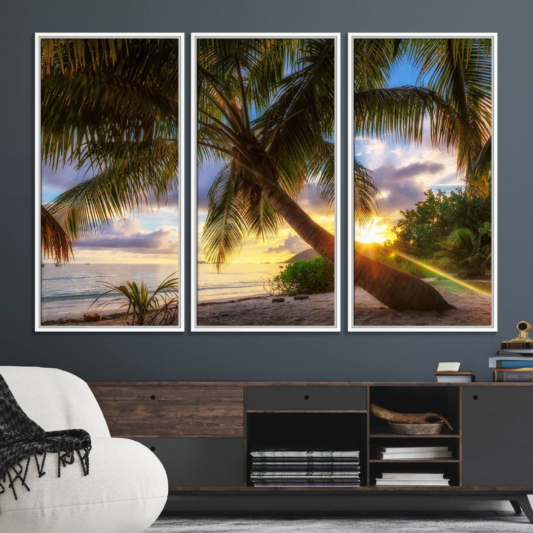 A Coastal Sunset Palm Tree canvas print hangs prominently.