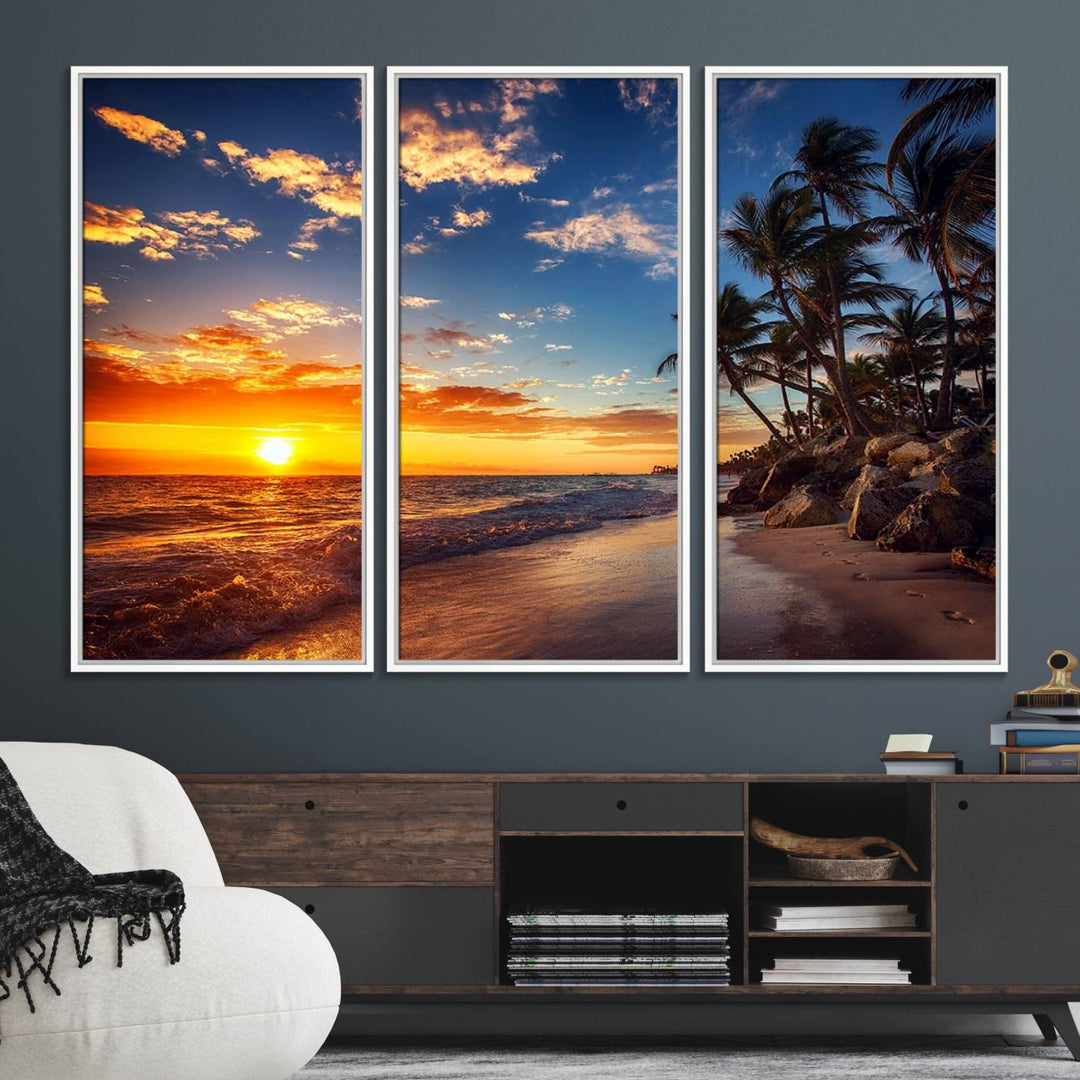 A stunning Tropical Beach Sunset Canvas Art featuring palm trees and ocean waves, created as a Giclee print.