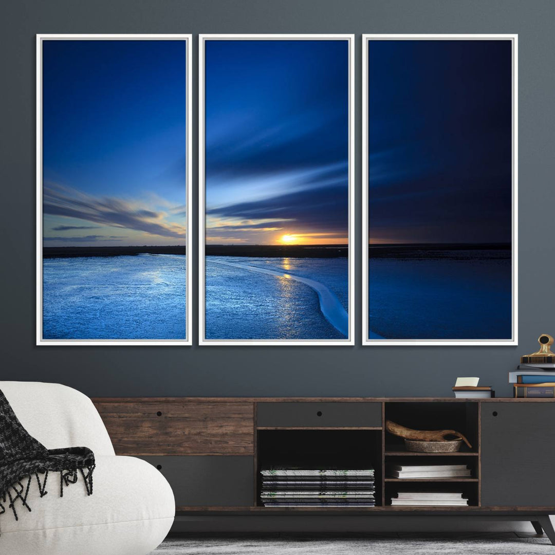 Modern decor: Deep Blue Ocean Sunset Triptych for a serene coastal vibe.