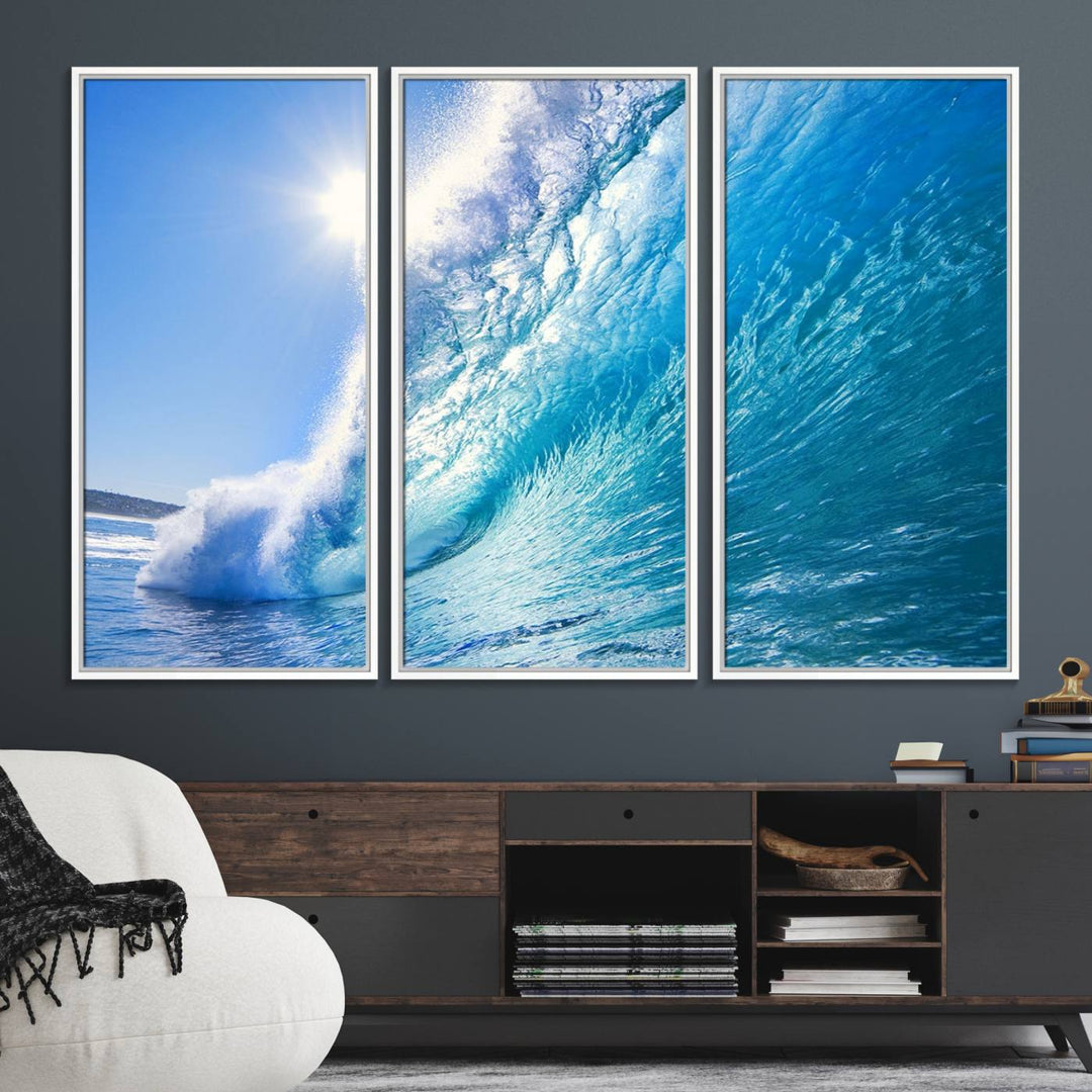 The Blue Big Wave Surfing Ocean Canvas adds a coastal vibe to a wooden wall.