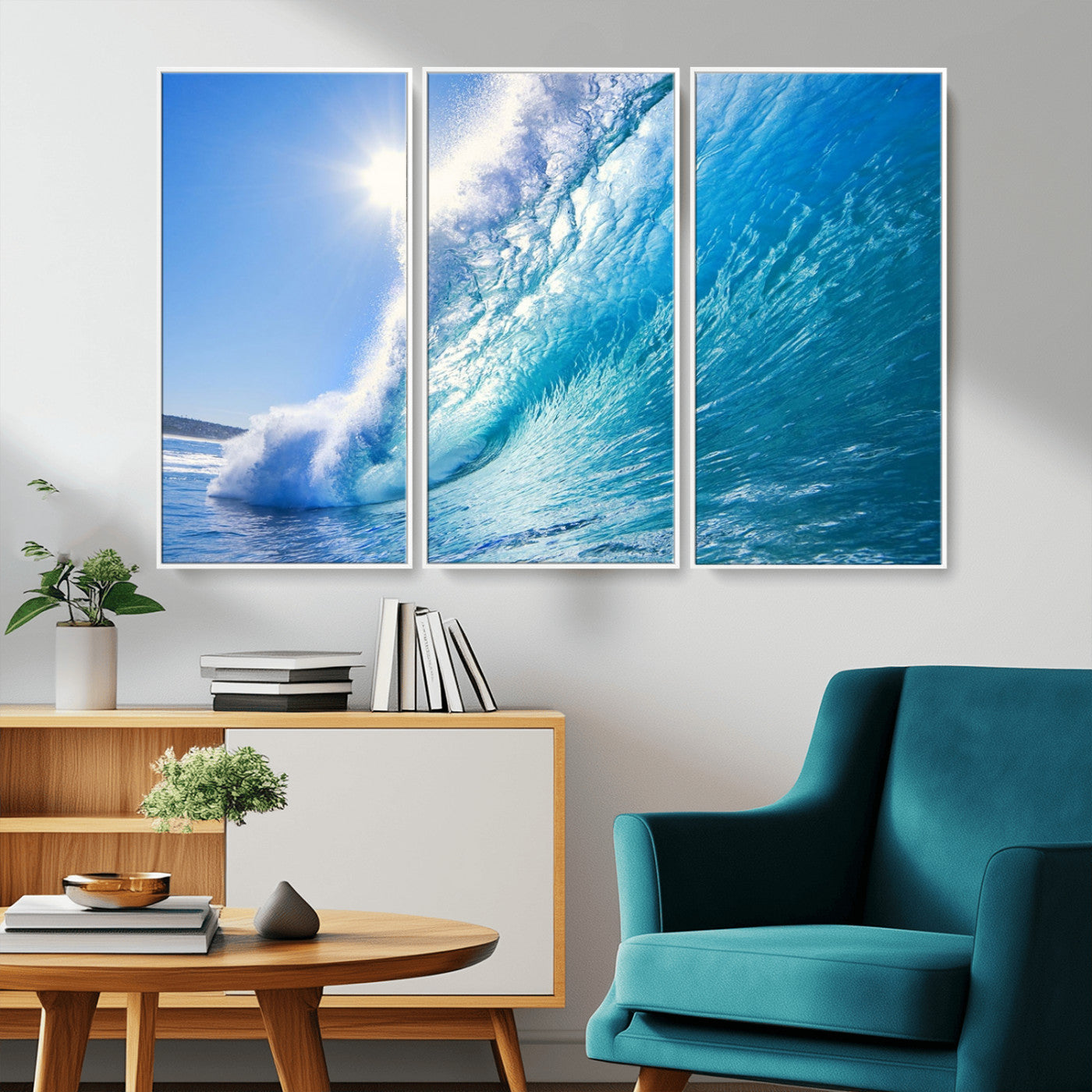 MGV-FC-48X32-3P - Blue Big Wave Surfing Ocean Canvas Wall Art Artwork Print , Surf Wall Art, Sea Wall Art