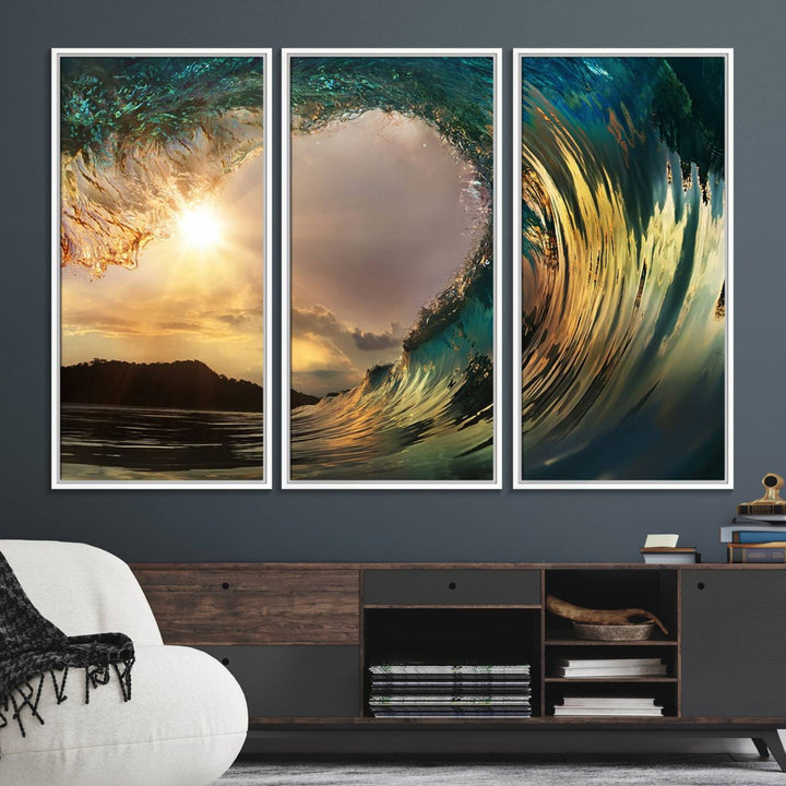 A Golden Wave Sunset Giclee hangs above, showcasing colorful ocean wave art.