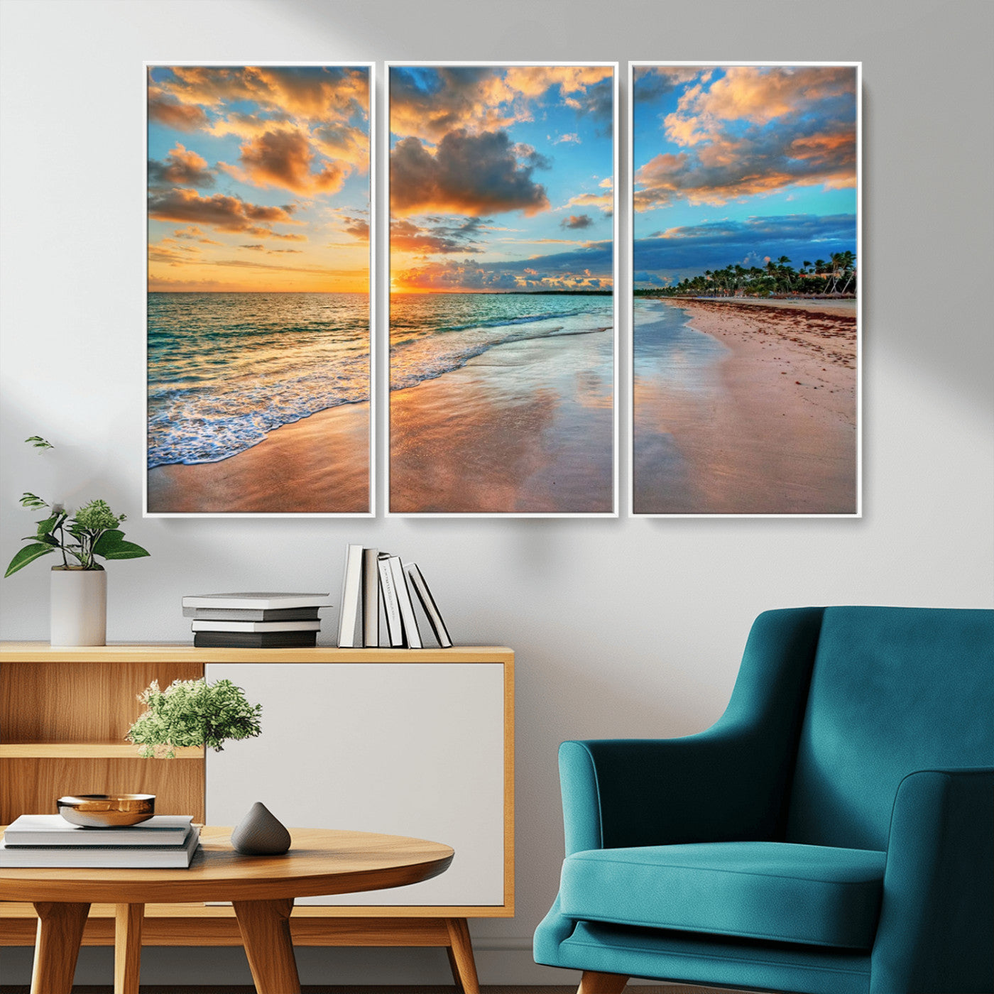 MGV-FC-48X32-3P - Sunset Ocean Waves on Tropical Beach, 3-Panel Giclee Canvas Art for Coastal Home Decor, Vibrant Palm-Lined Shore