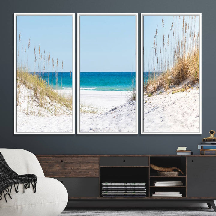 Serene Coastal Dune Path with Ocean View, 3-Panel Beach Canvas Art; tranquil seascape for coastal decor.