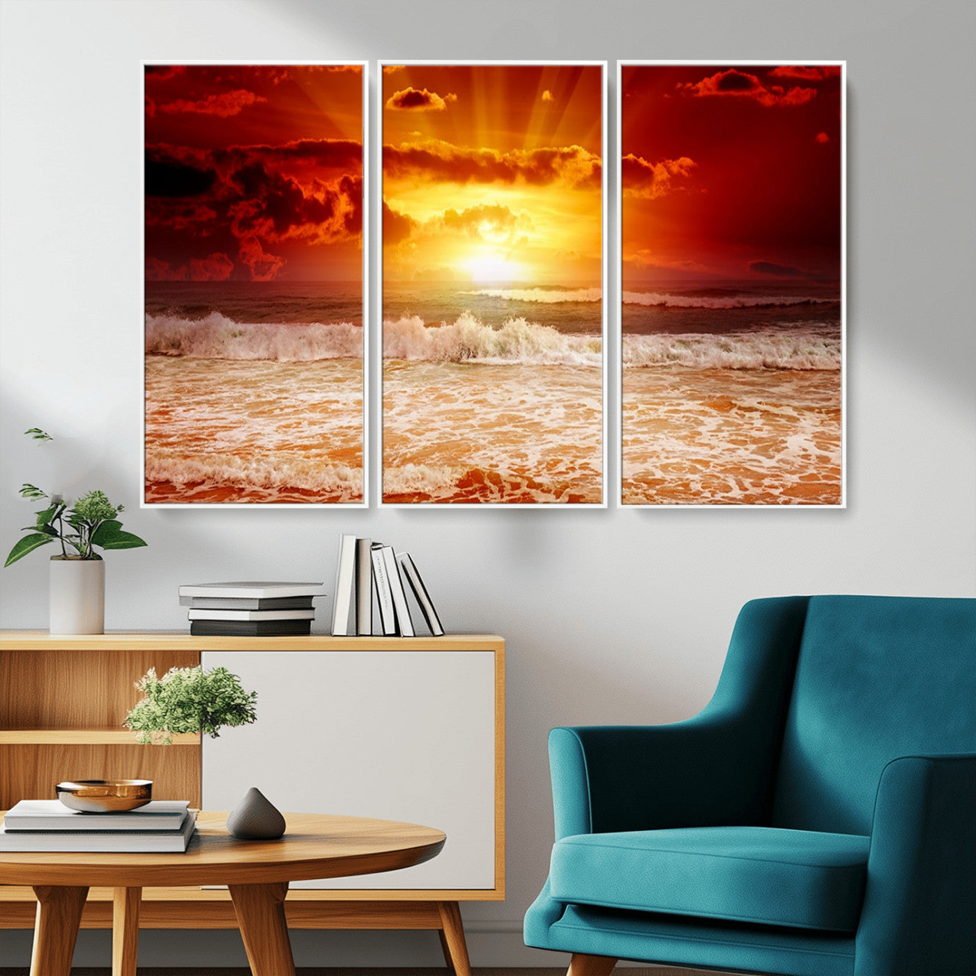 MGV-FC-48X32-3P - Red Sunset Ocean Beach Canvas Wall Art Beach Canvas, Coastal Sunset Print