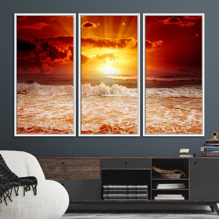 The Red Sunset Ocean Beach Canvas depicts ocean waves.