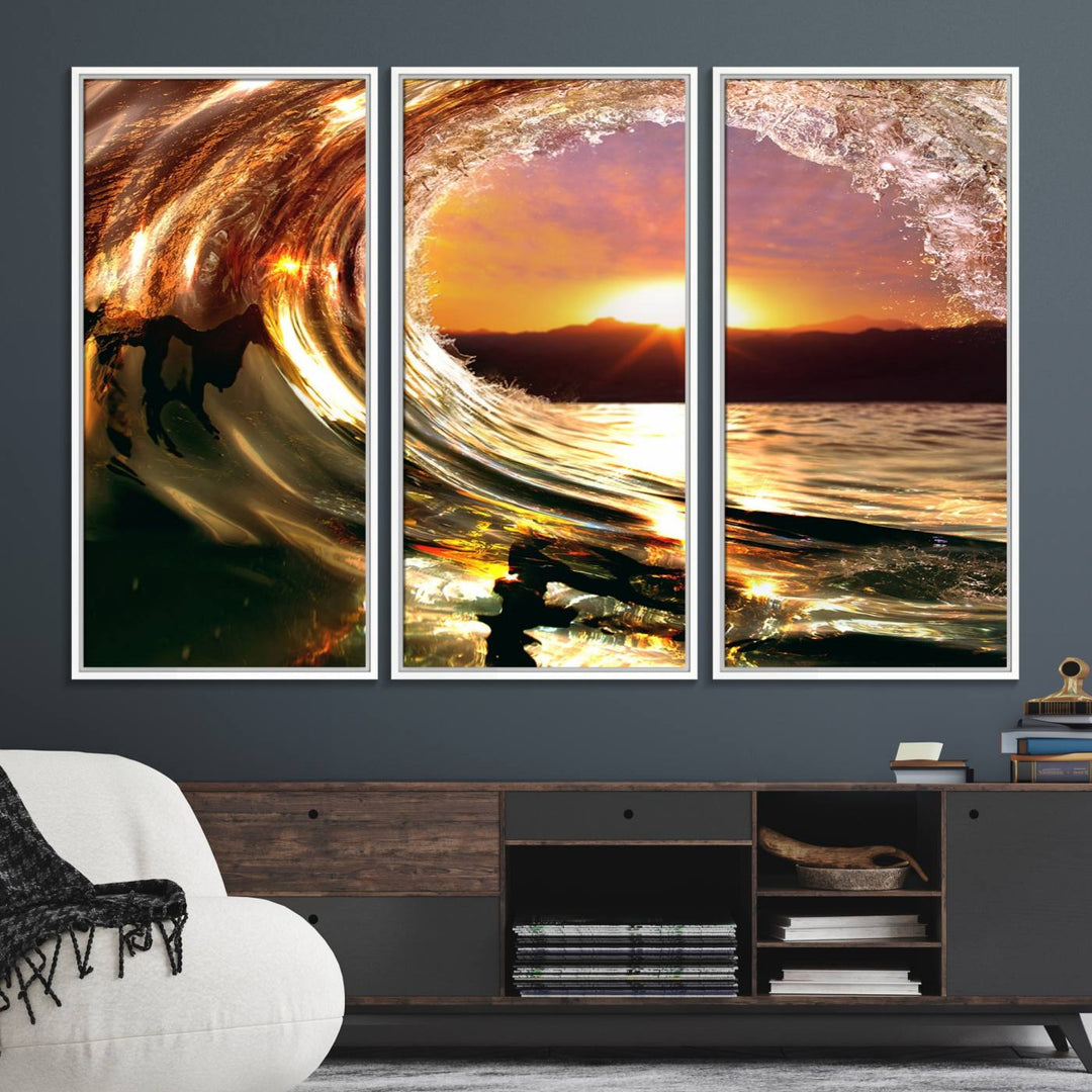 The Golden Wave Sunset Triptych Canvas Art showcases an ocean wave at sunset, casting warm light.