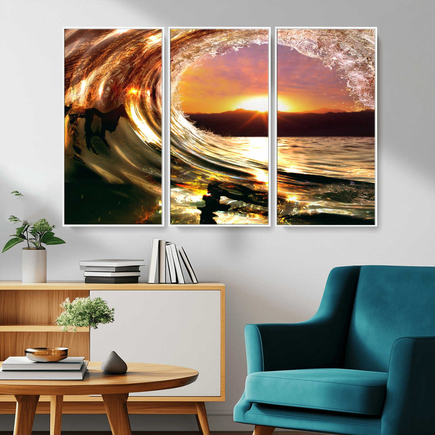 MGV-FC-48X32-3P - Golden Wave Sunset Triptych Canvas Art, Giclee Canvas Print of Ocean Wave and Sunset, Framed Ocean