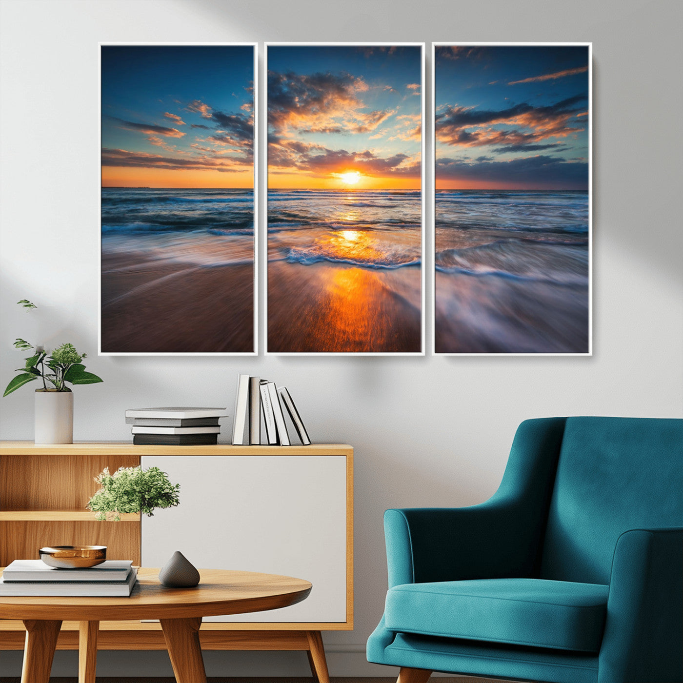 MGV-FC-48X32-3P - Sunset on the Ocean Beach with Waves, Reflections on Sand, Coastal Wall Art Print, Beach Wall Art,