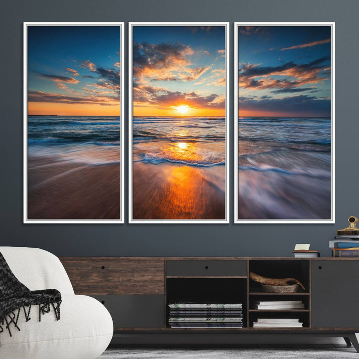 The Sunset on the Ocean canvas adds coastal ambiance to the wooden wall.