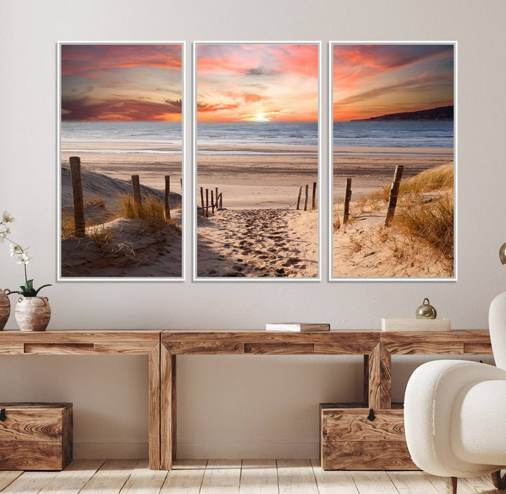 The Sunset on the Sea Wall Art Canvas Print beautifully captures a beach sunset and waves, enhanced with a UV-protective coating.