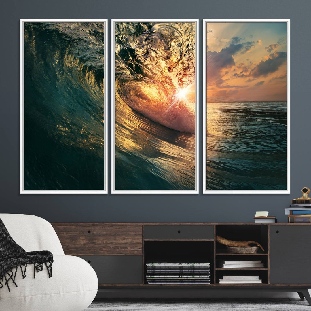 A triptych seascape titled Ocean Wave Sunset Canvas, featuring a stunning ocean view at sunset, is beautifully framed and ready to hang.