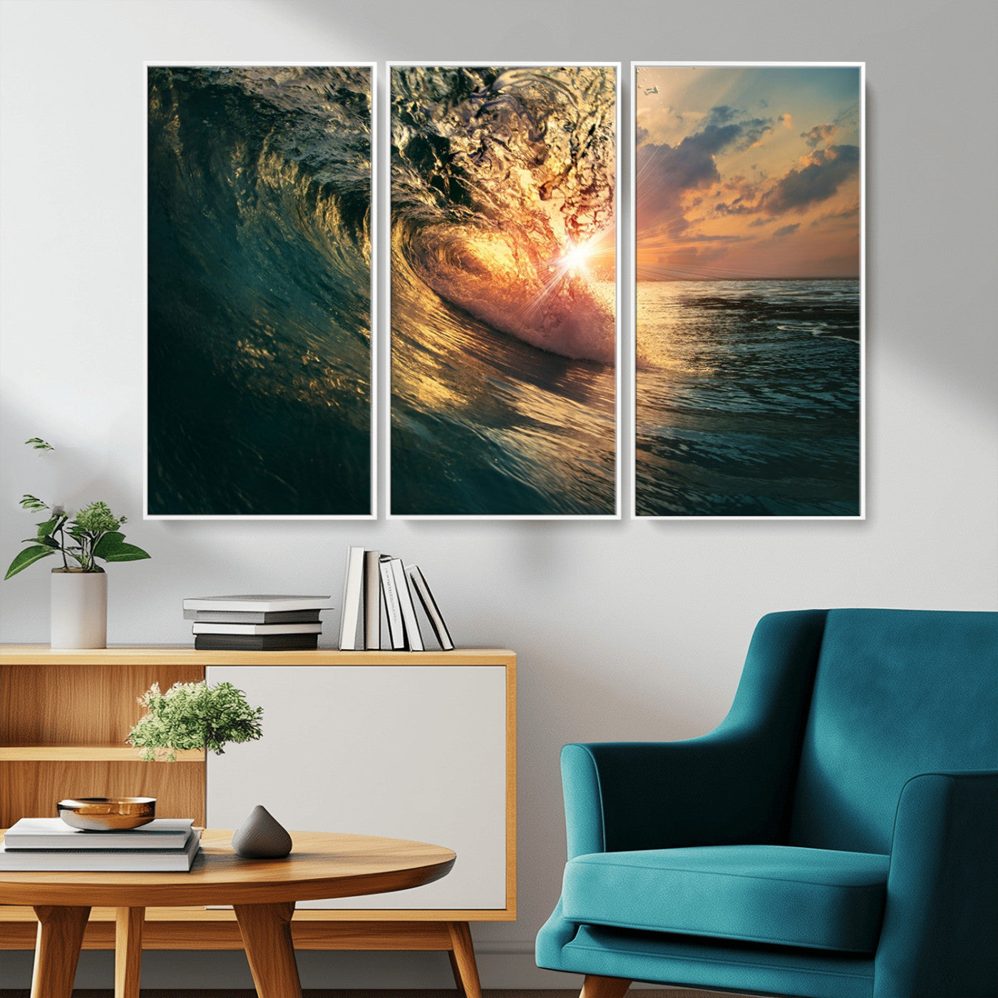 MGV-FC-48X32-3P - Ocean Wave Sunset Canvas Wall Art – Triptych Seascape Print – Framed and Ready to Hang for Living Room or Office