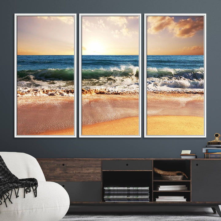 The wall features a Canon-quality Serene Beach Path canvas giclee print, depicting coastal dunes.