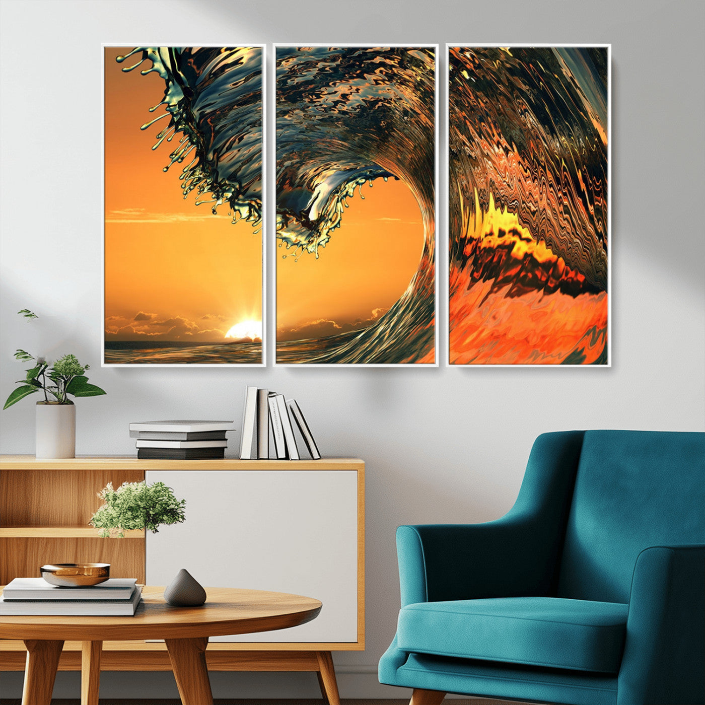 -Surf Wave Sunset Canvas Wall Art Print, 3-Panel Ocean Coastal Wall Art Print, Ocean Decor for