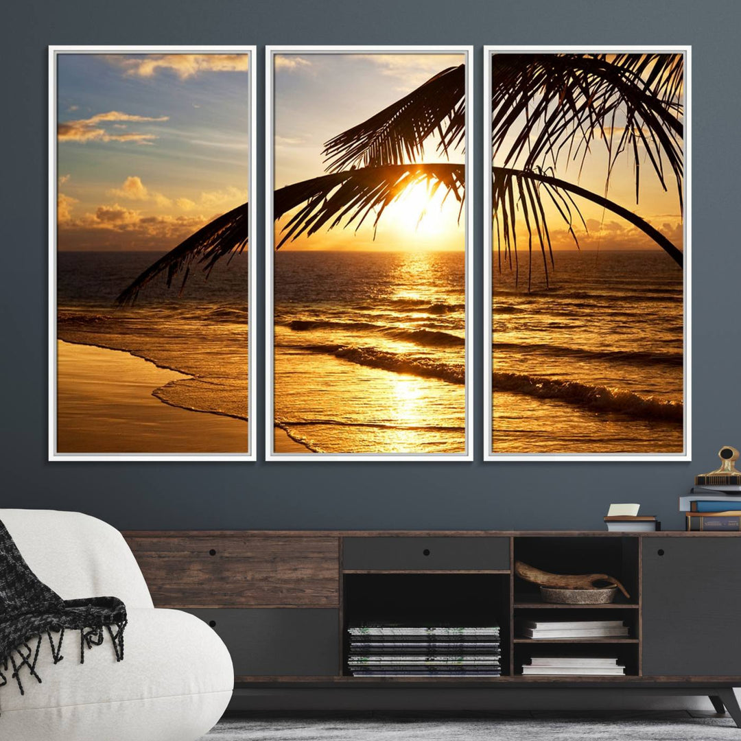 Golden Tropical Beach Sunset Canvas Triptych: Coastal Palm Art & Giclee Print with Gallery Wrap, capturing golden waves.