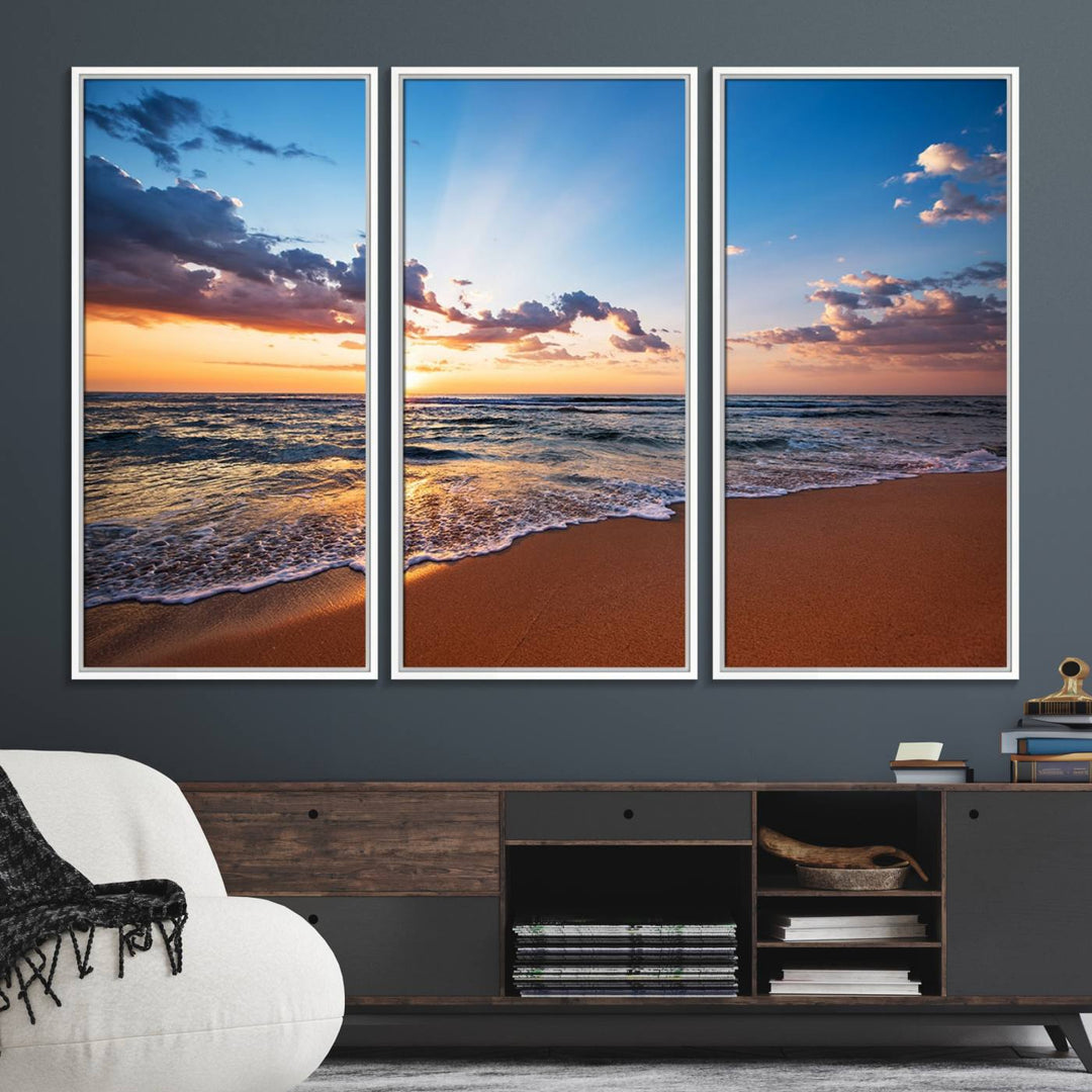 The living room showcases a Serene Ocean Sunset Canvas Print.