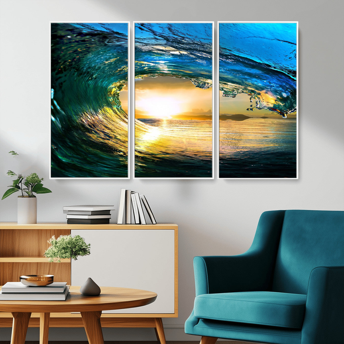 MGV-FC-48X32-3P - Ocean Wave at Sunset Canvas Art, Large Wall Print of Vibrant Water Waves, Coastal Art for Living Room and Dining Room