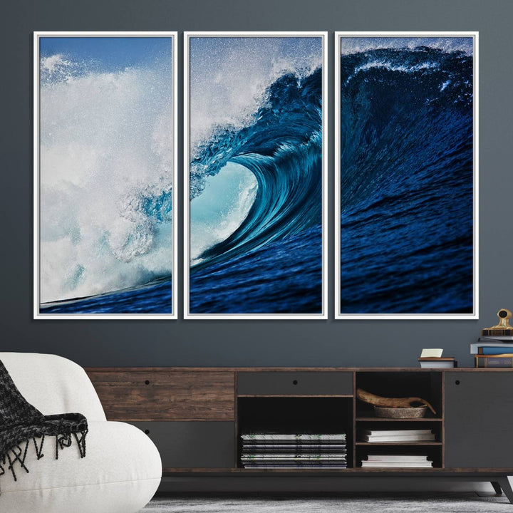 Ocean Wave at Sunset Canvas: A vibrant coastal art piece perfect for modern minimalist decor.