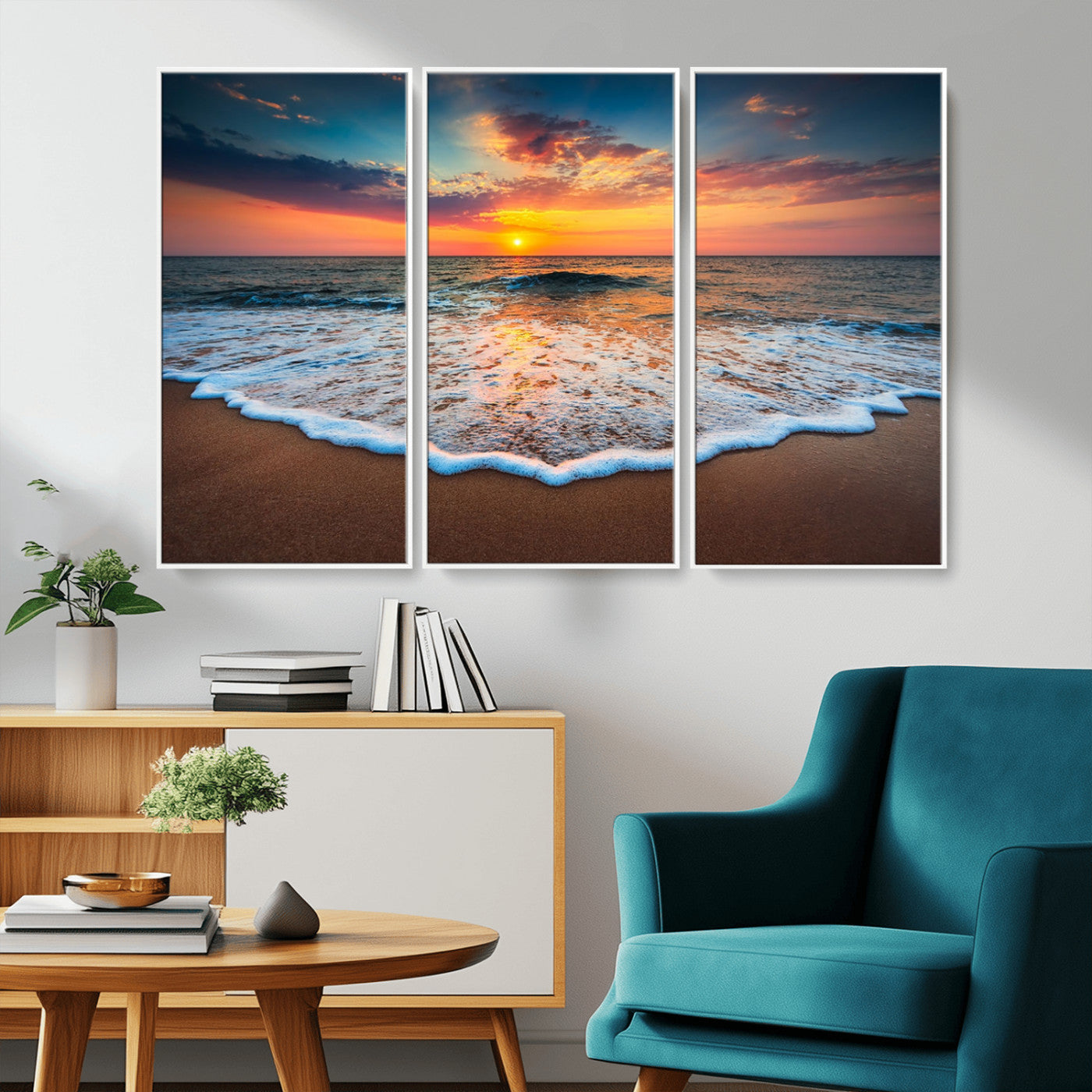 MGV-FC-48X32-3P - Sunset Beach Canvas Wall Art – Colorful Ocean Waves Triptych – Coastal Decor for Living Room or Bedroom – Framed and Ready to Hang