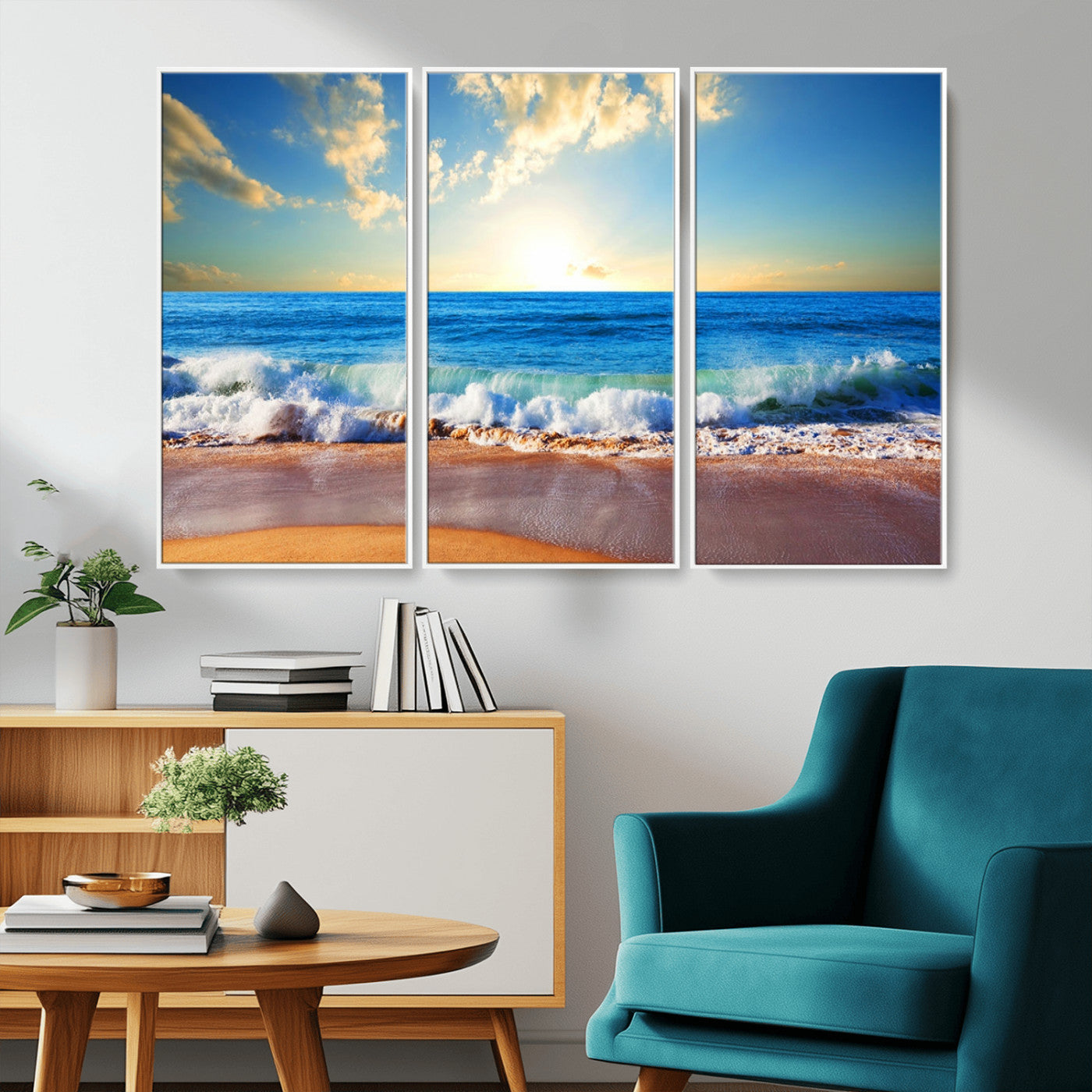 MGV-FC-48X32-3P - Tropical Beach Sunset Canvas Art, Ocean Waves and Sandy Shoreline Wall Art, Large Beach Decor for Coastal Homes