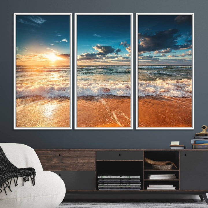 A Golden Sunset Beach Triptych Canvas Art hangs on a white wall.