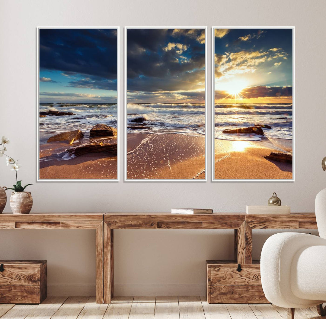 The Golden Hour Beach Sunset triptych adorns the wall with its captivating imagery.