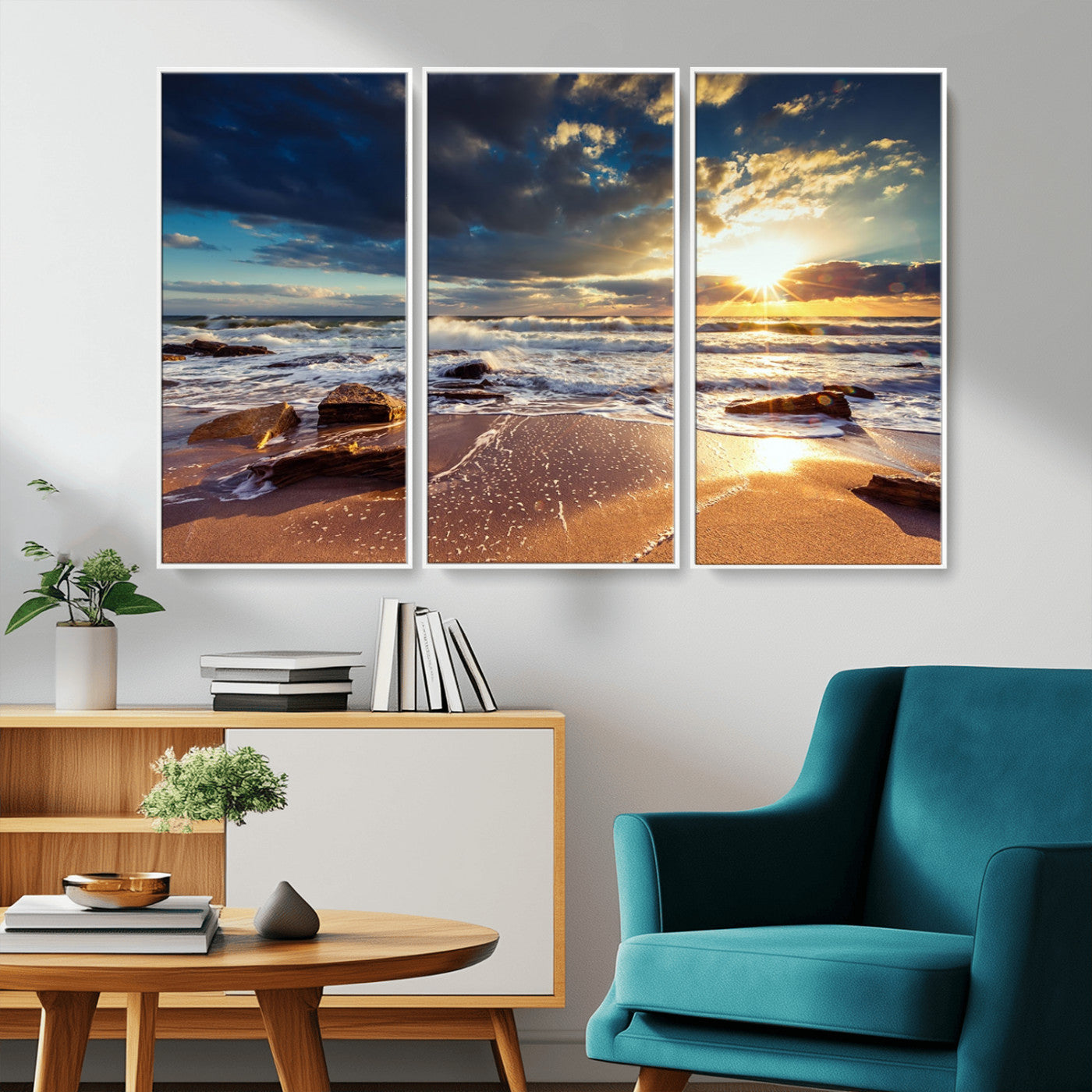 MGV-FC-48X32-3P - Golden Hour Beach Sunset Canvas Triptych, Ocean Waves and Rocks Wall Art for Coastal Home Decor