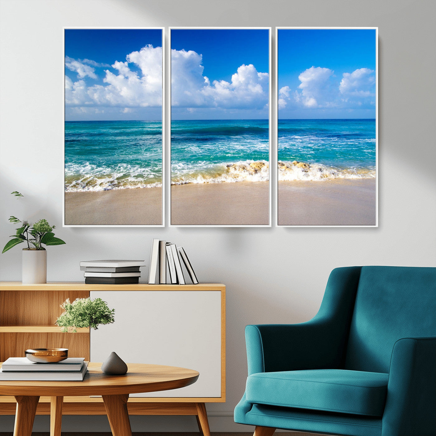 MGV-FC-48X32-3P - Tropical Beach 3-Panel Canvas Wall Art – Serene Ocean Waves and Blue Sky – Giclée Print for Living Room, Office, or Bedroom Coastal Decor