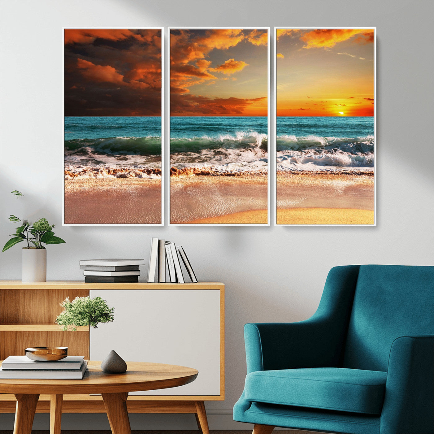 MGV-FC-48X32-3P - Golden Sunset Beach Canvas Wall Art – Triptych Seascape Print – Framed and Ready to Hang for Living Room or Office