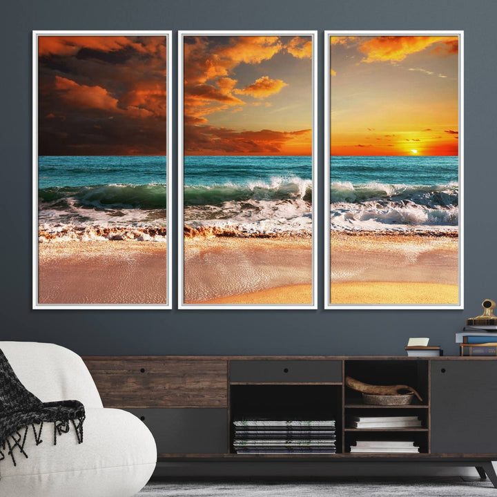 A Golden Sunset Beach triptych seascape canvas hangs on the wall.