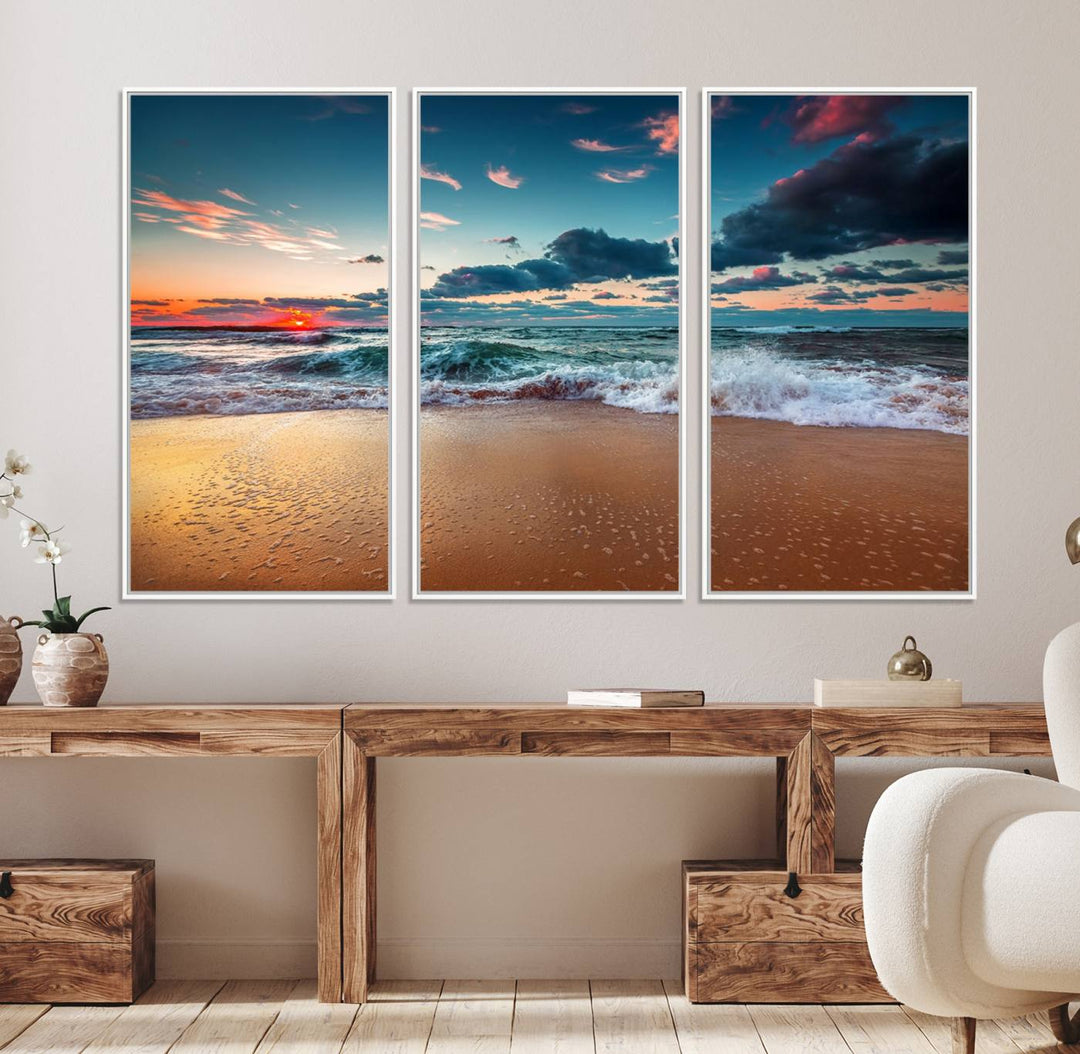 Sunset on Beach Wall Art: Waves under a vibrant sky. Crafted on museum-quality canvas, ready to hang and admire.