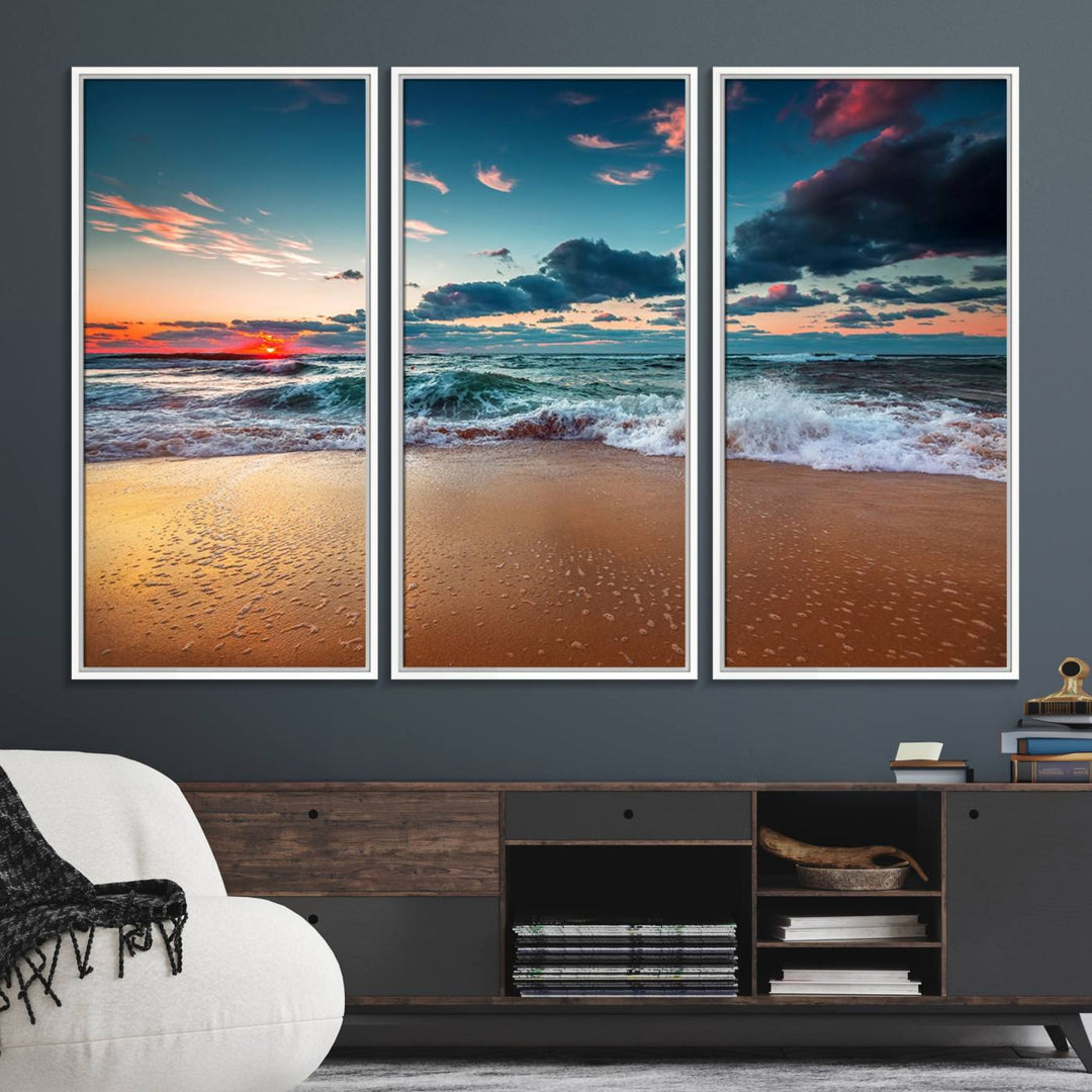 A large 3-panel sunset ocean beach canvas is displayed above the counter.